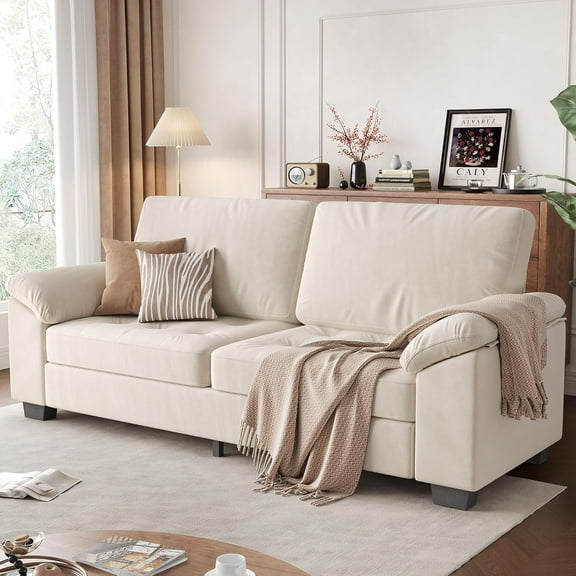 90" 3 Seater Velvet Upholstered Sofa, Oversized Loveseat with Soft Spacious Armrests, Comfy Button Tufted Couch for Living Room, Apartment - Beige