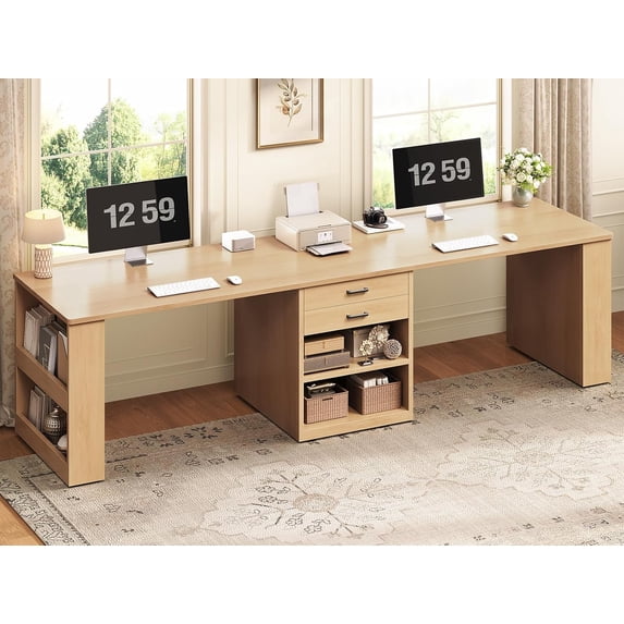 90.5" Two Person Office Desk, Long Computer Desk with 2 Drawers and Open Storage