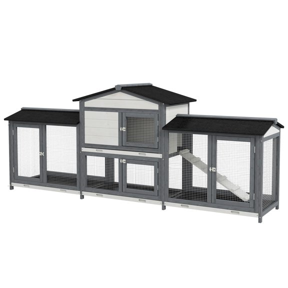90.5" Wooden Rabbit Hutch Bunny Cage - Double Run, Light Gray - Rabbit, Guinea Pig, Chicken Coop