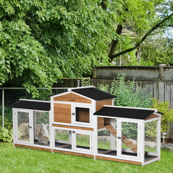 90.5" Wooden Rabbit Hutch, Bunny Cage, Pet Playpen, Double Side Run Boxes, No Leak Tray, Ramp, White