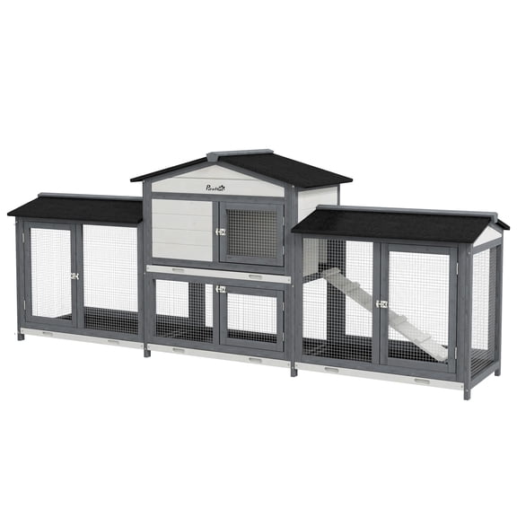 90.5" Wooden Rabbit Hutch Bunny Cage Pet Playpen House Enclosure with Double Side Run Boxes, No Leak Tray, Ramp, for Guinea Pig and Small Animals, Light Gray