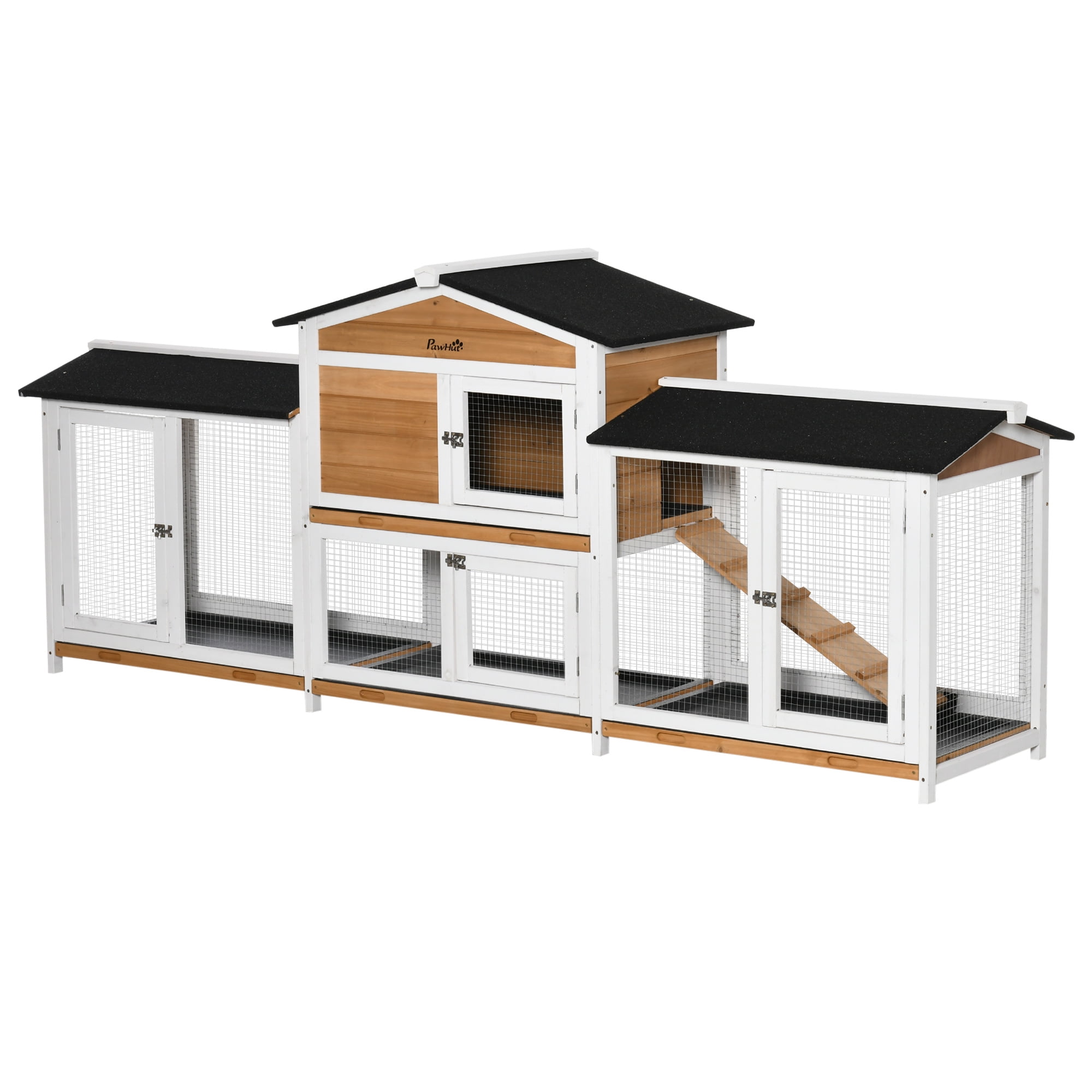 90.5" Wooden Rabbit Hutch Bunny Cage Pet Playpen House Enclosure with Double Side Run Boxes, No Leak Tray, Ramp, for Guinea Pig and Small Animals, White