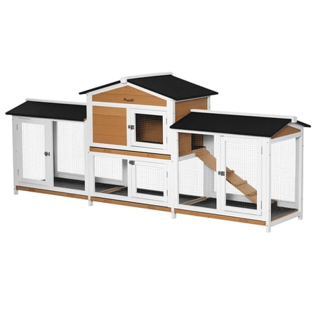 90.5" Wooden Rabbit Hutch Bunny Cage Pet Playpen House Enclosure with Double Side Run Boxes, No Leak Tray, Ramp, for Rabbits, Chickens, Ducks, Guinea Pig and Small Animals, White