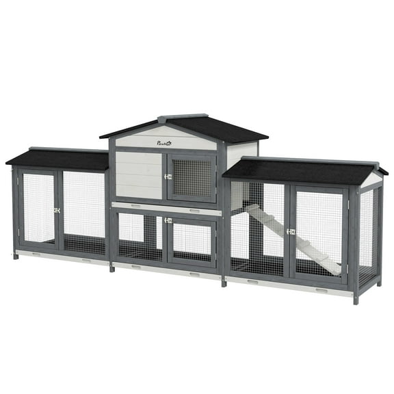 90.5" Wooden Rabbit Hutch Bunny Cage Pet Playpen House Enclosure with Double Side Run Boxes, No Leak Tray, Ramp, for Rabbits, Chickens, Ducks, Guinea Pig and Small Animals, Light Gray