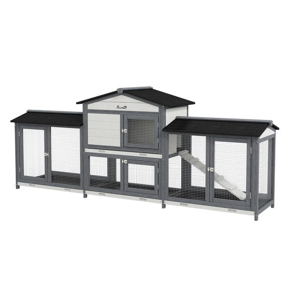 90.5" Wooden Rabbit Hutch - Bunny Cage with Double Run, Ramp - for Rabbits, Guinea Pigs, Small Animals - Light Gray