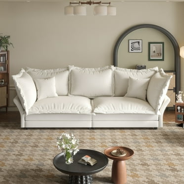 90.55" Modern Deep Seat Cloud Sofa, Comfy 3 Seater Velvet Upholstered Couch with Large Soft Pillows, Convertible Chaise Longue for Living Room, Apartment, Small Spaces, Beige