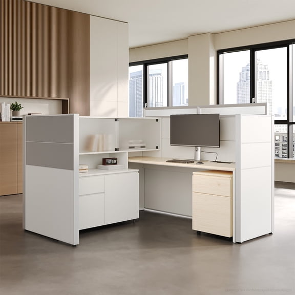 90.55" W Semi-Enclosed L-Shaped Office Workstation with Lockable Storage, Mobile Filing Cabinet and Built-In Power Hub