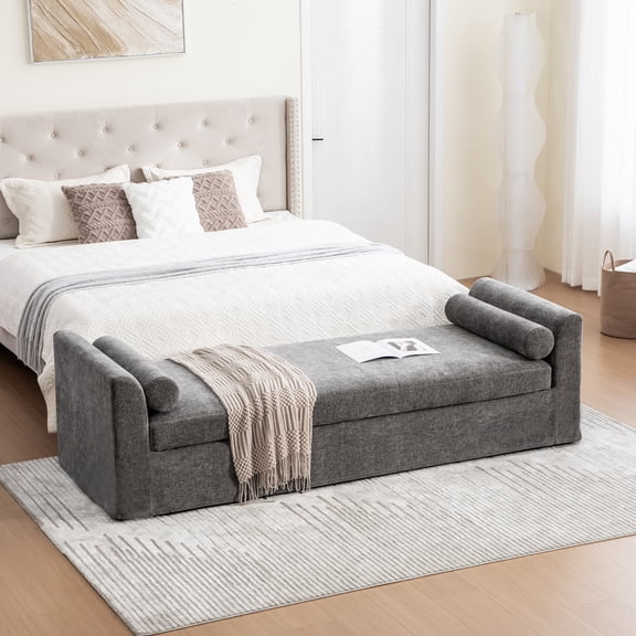 90.55" Wide Modern Bench, Window-side Bench with Armrests, Chenille Chaise Lounge Couch with 2 Bolster Pillows, Suitable For Living Rooms, Entryways, Dormitories, And Bedrooms.Gray