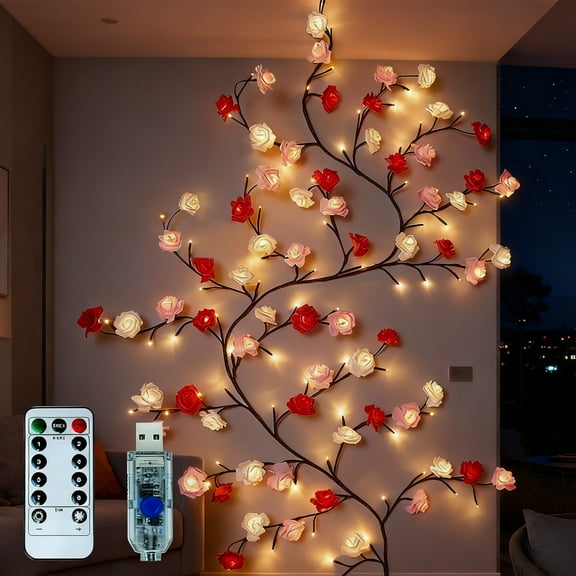 90.55Inch Rose LED Tree Branch Lights for Wall Decor, Rose Flower Willow Vine Twig Decor Garland with 144 LED Lights and Remote, 8 Lighting Modes, Christmas Valentine's Day Decorations Indoor