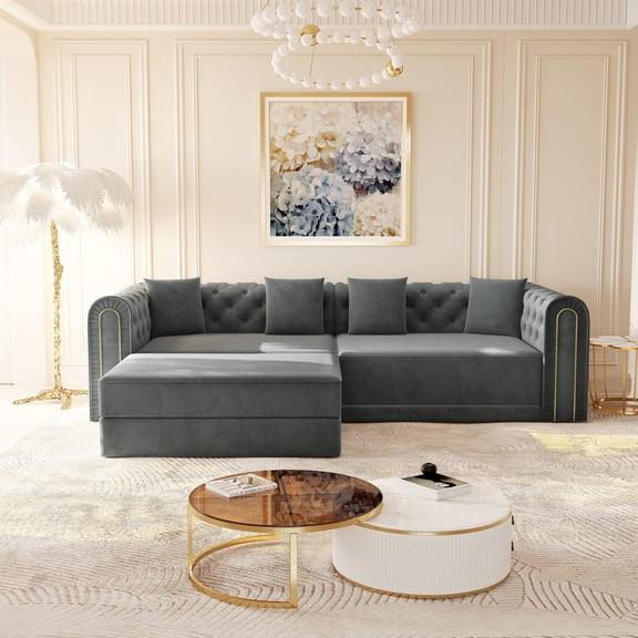 90.6" 3-in-1 Convertible Sleeper Sofa, Elegant Modern Couch with Button Tufted and Gold Edge Trim, 3-Seater Couch with Movable Ottoman for Living Room, Apartment, Office, Bedroom (Gray)