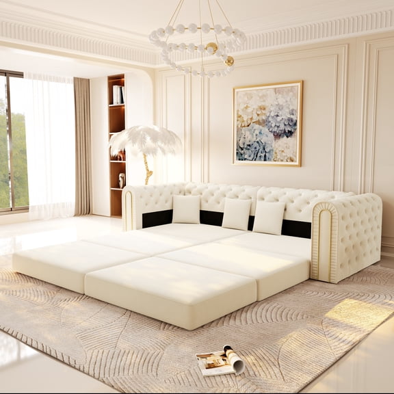 90.6" 3-in-1 Convertible Sleeper Sofa,Elegant Modern Couch with Button Tufted and Gold Edge Trim,3-Seater Couch with Movable Ottoman for Living Room,Apartment,Office,Bedroom,Beige/White