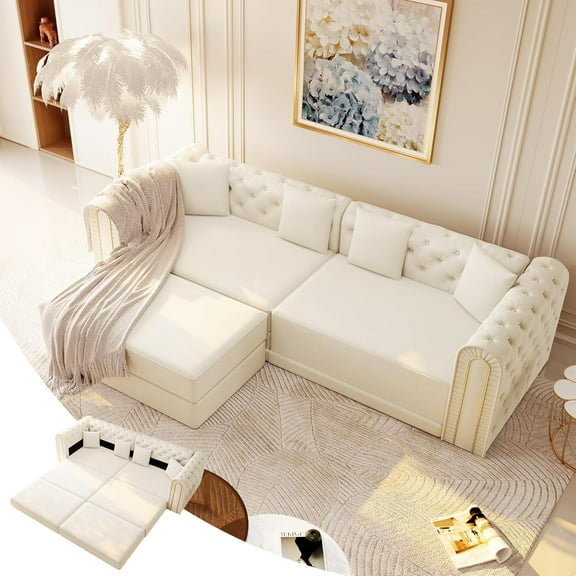 90.6'' Futon Sofa Bed, Chesterfield Velvet Sleeper Sofa, Convertible Floor L-Shaped Couch, Tufted Back, 4 Pillows, Gold Edge Trim, Deep Loveseat Couches for Living Room, Apartment, Gold Beige