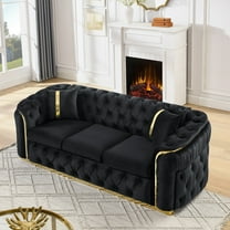 90.6 Inches Velvet Button Tufted Sofa Couch with 2 Pillows, 3 Seater Luxury Chesterfield Sofa Set with Gold Stainless Steel Accents for Living Room (Black)
