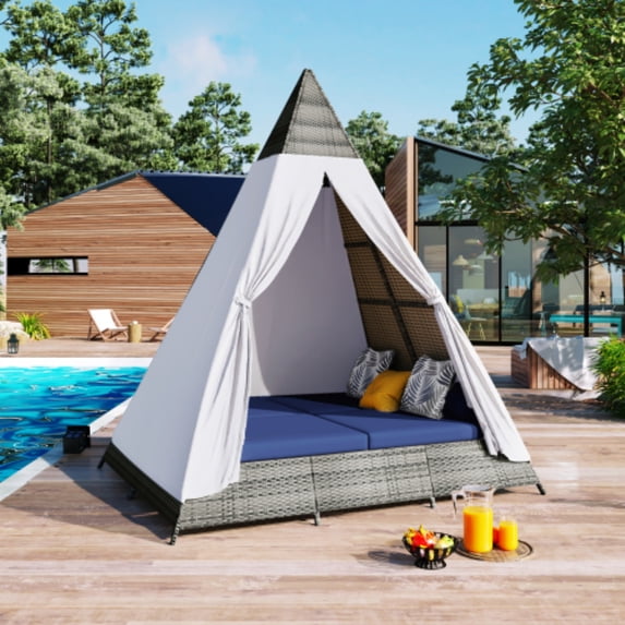 90.6" Tent Shape Outdoor Daybed with Colorful Pillows, Rattan Wicker Clamshell Furniture Seating with Cushions, Patio Furniture Set for Garden, Backyard Porch Poolside