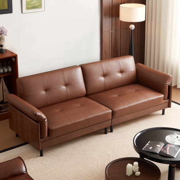 ATJafurn 90.6''W Brown Oversized Leather Sofa, Mid-century Modern Tufted 4-Seater Modular Sectional Couch Loveseat for Living Room
