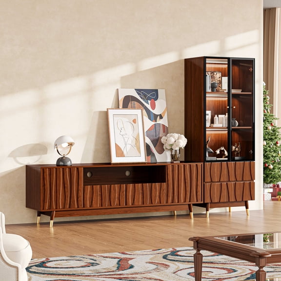 90.6'' Walnut Finish Entertainment Center for TVs up to 75", Mid-century Modern Wood Media Console, TV Stand with Storage and 3-tier Display Case with Drawers for Living Room and Bedroom, Brown