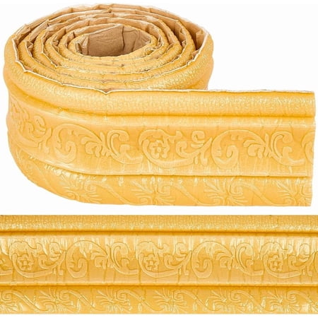90.6 x 3.4 Inch Gold Wallpaper Border 3D Molding Trim Foam Vintage Flexible Floral Decorative Peel Stick Edging Baseboard Wallpapers Line Sticker