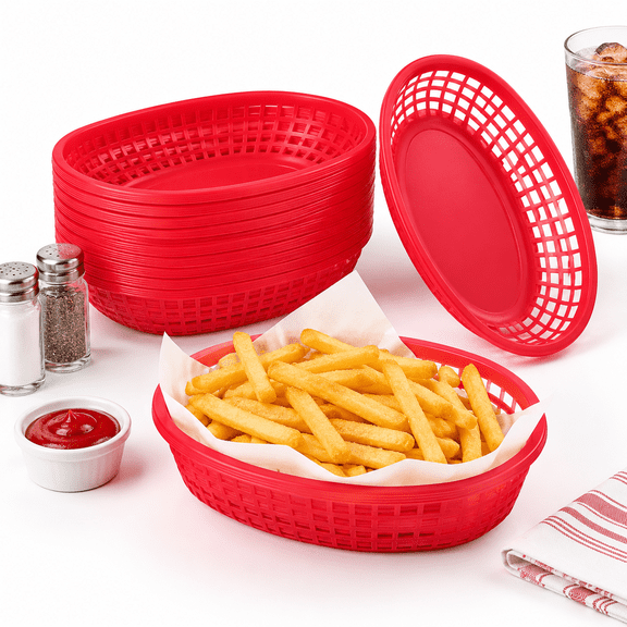 90 9 X 5.7 Inch Reusable Oval Fast Food Baskets Sturdy Plastic Serving For Parties Picnics Bbqs And Snacks By.(red)