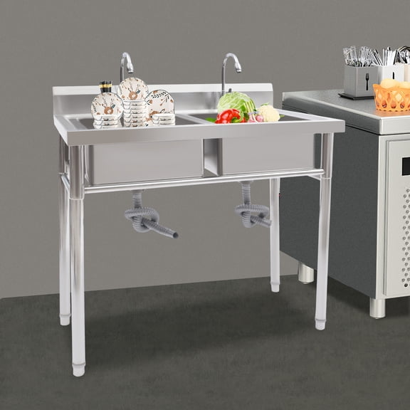 90.93*54.1*101.6cm Free Standing Silver Commercial Stainless Steel Sink Kitchen Commercial Utility Sink with R-Angle Design