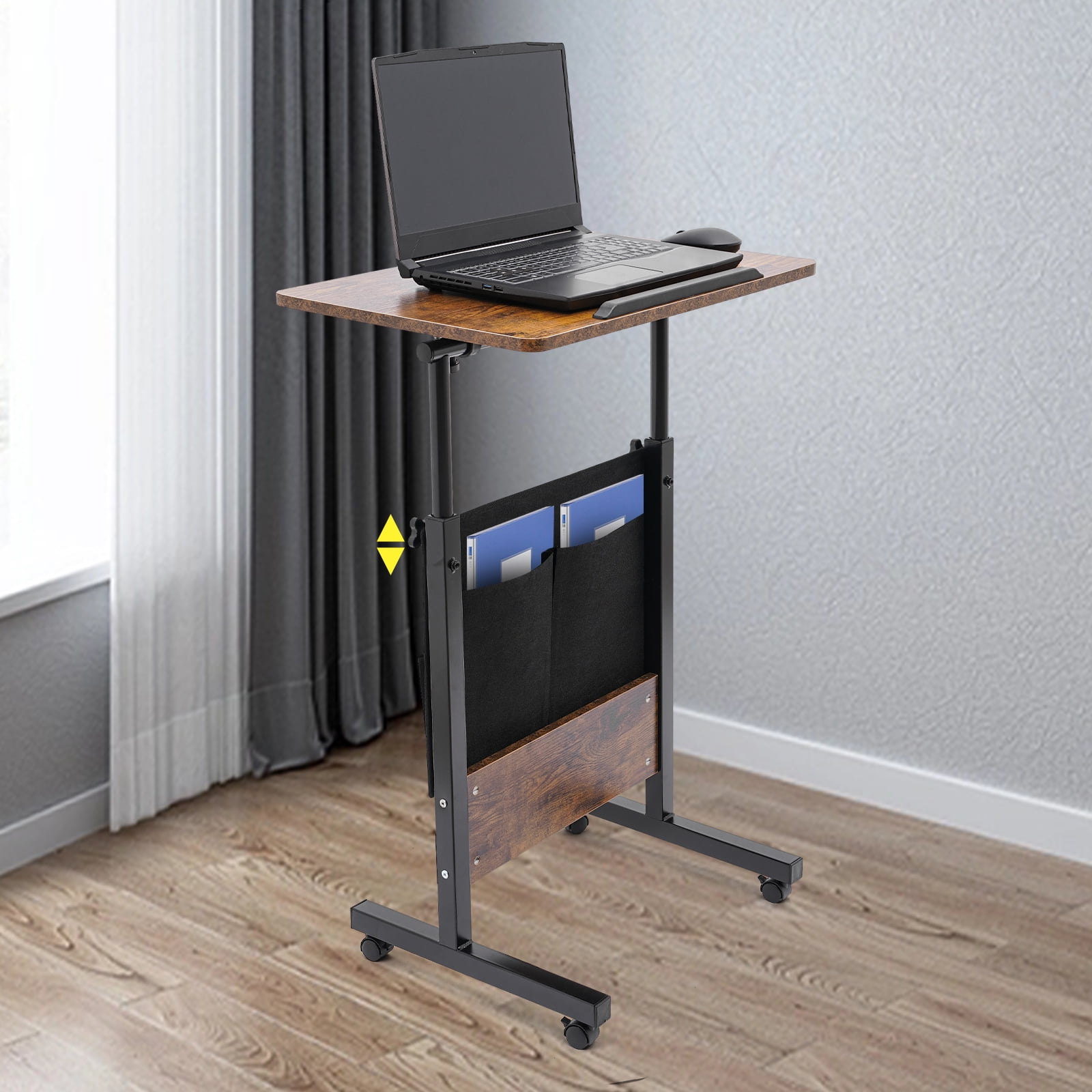 90° Adjustable Standing Desk Floor Mounted Brown&Black Portable Laptop Desk Rolling Computer Stand