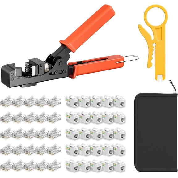 90 Angled Speed Termination Keystone Tool for RJ45 Keystone Jack Degree, Ethernet Punch Down Tool Kit with 25-Pack CAT6 Keystone Jacks, 25-Pack RJ45 Connectors and One Wire Stripper