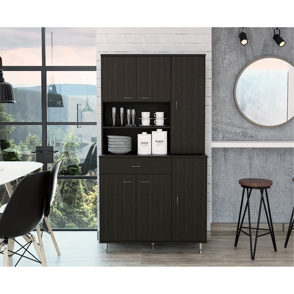 90 Black Kitchen Pantry - Maximize Function With One Drawer, Multiple Cabinets & Two Open Shelves For Pots, Pans, Dishes And Household Supplies In With Efficient Organization Of Dishes, Pans