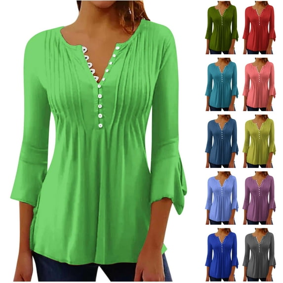 BiZtdJrK Blouses for Women Dressy Casual 3/4 Bell Sleeve Tops Loose Fit Button V Neck Henley Shirts Solid Color Pleated Tunic Shirts Light Blue XXL