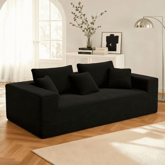 90" Corduroy Boneless Couch, Couch in a Box No Assembly, Cloud Sofa with Memory Foam & Pocket Springs, Oversized Sofa for Living Room, Black