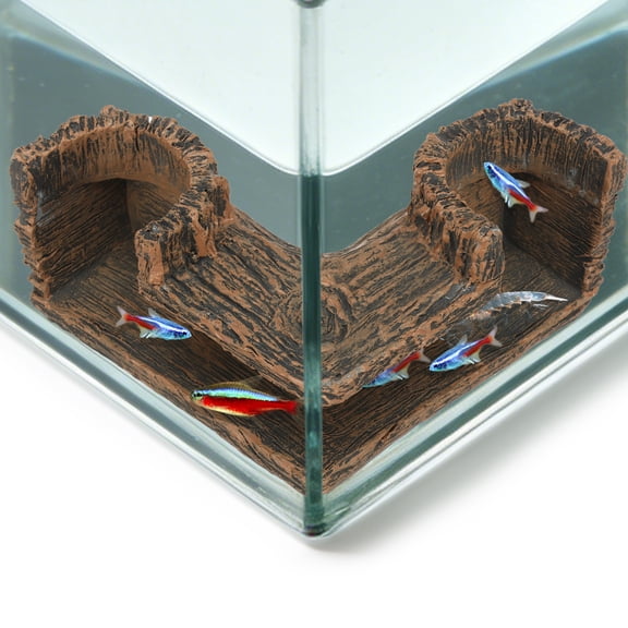 90° Corner Fish Cave Viewing Tunnel Resin Decorative Dual Hole Aquarium Corner Hideout Cave Realistic Driftwood Stump Rock Shape Fish Tank Tunnel Decor for Corydora Betta Shrimp