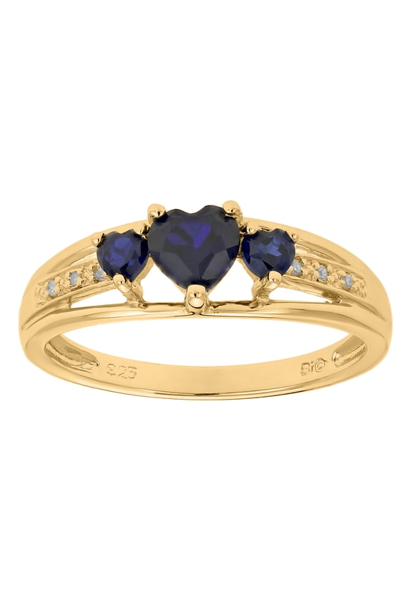 .90 Ct Triple Heart Blue Sapphire .018 cttw Diamond Gold Plated Silver Ring 6