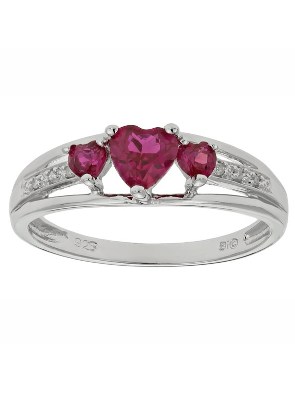 .90 Ct Triple Heart Red Ruby and .018 cttw Diamond Sterling Silver Ring Size 9