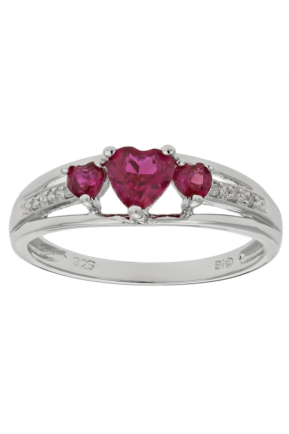 .90 Ct Triple Heart Red Ruby and .018 cttw Diamond Sterling Silver Ring Size 9