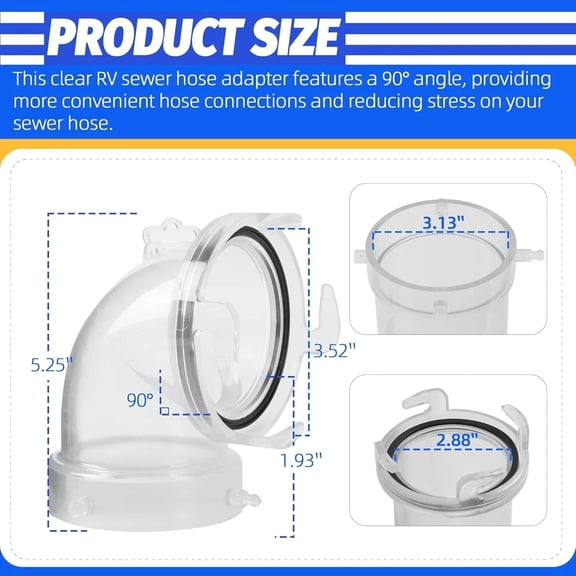 90 Degree Adapter Caravan Clear RV Sewer Drain Hose Elbow Fitting Camper Traile