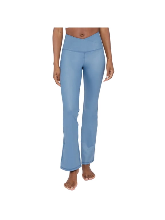Women's Crossover Waistband Faux Leather Flared Leg Athletic Yoga Pants