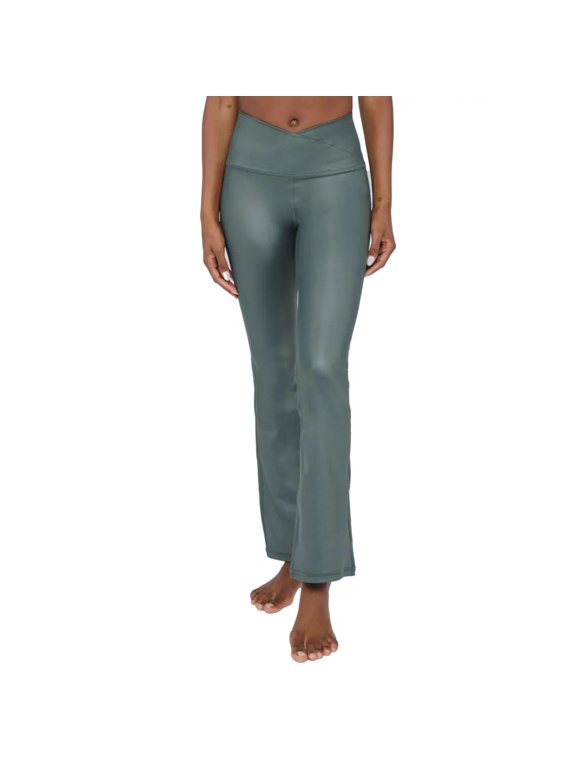 Women's Crossover Waistband Faux Leather Flared Leg Athletic Yoga Pants