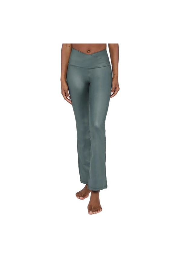 Women's Crossover Waistband Faux Leather Flared Leg Athletic Yoga Pants