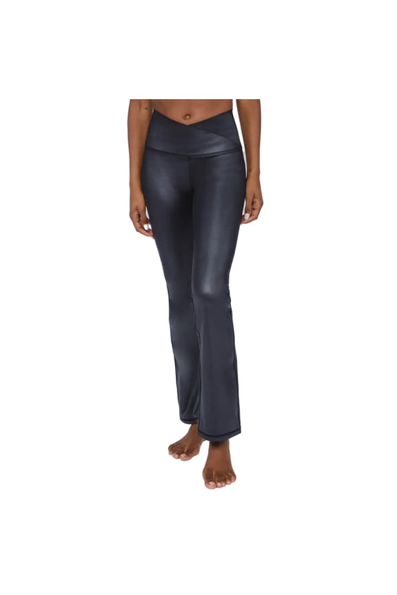 Women's Crossover Waistband Faux Leather Flared Leg Athletic Yoga Pants