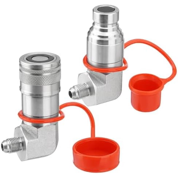 90 Degree Elbow 1/2" Flat Face Skid Steer Hydraulic Quick Connect Coupler Fittings, 1/2" Body Size x 3/8 JIC Male Thread Coupling with Dust Caps$$Plumbing & HVAC