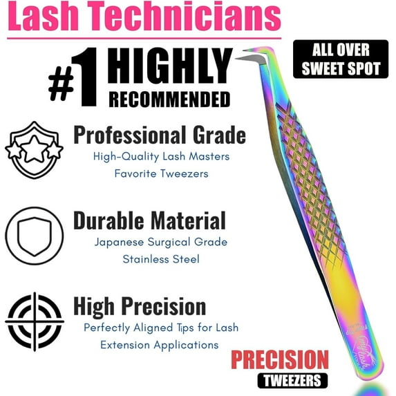 90 Degree Fiber Tip Eyelash Tweezers Professional Stainless Steel Precision Tool for Classic Curl and Extra Curl Lashes with Non Slip Diamond Handle Rainbow Colors 1 PCS
