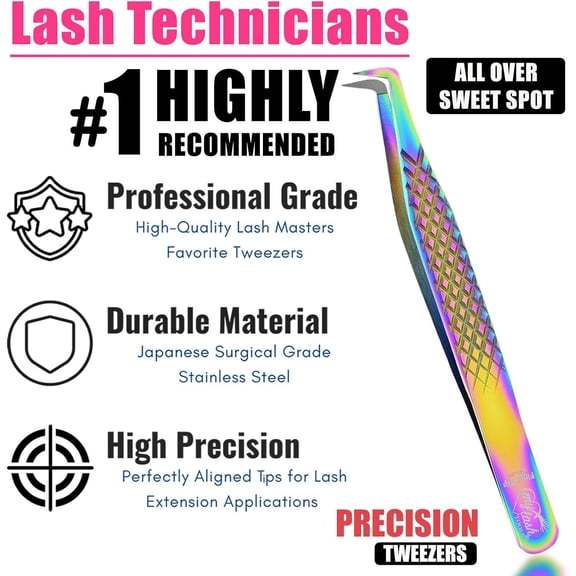 90 Degree Fiber Tip Eyelash Tweezers Professional Stainless Steel Precision Tool for Classic Curl and Extra Curl Lashes with Non Slip Diamond Handle Rainbow Colors 1 PCS
