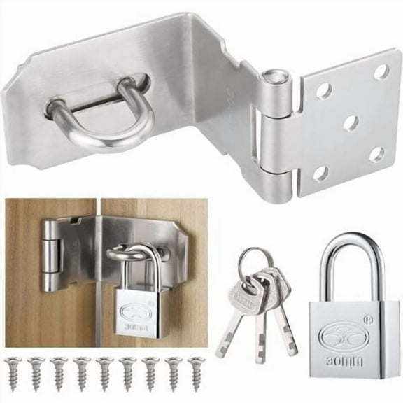90 Degree Padlock Hasp with Padlock and Screws, Stainless Steel Door Latch Hasp, Tamper Proof Right Angle Padlock Hasp