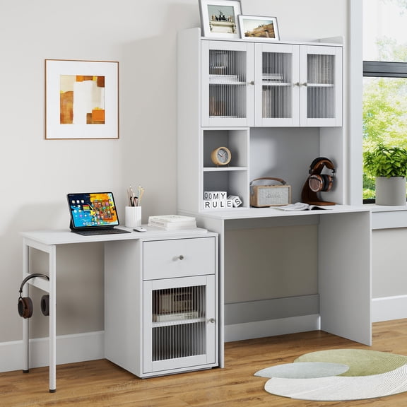 90 Degree Rotating Computer Desk with Glass Door Storage for Home Office or Study, White Particle Board+MDF Large Working Space Desk