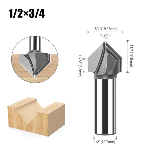 90 Degree V Type PCD Router Bits for Wood, 1/2 Inch Shank CNC Milling Cutter for MDF Acrylic Carving Grooving Tool (Model A)(A)