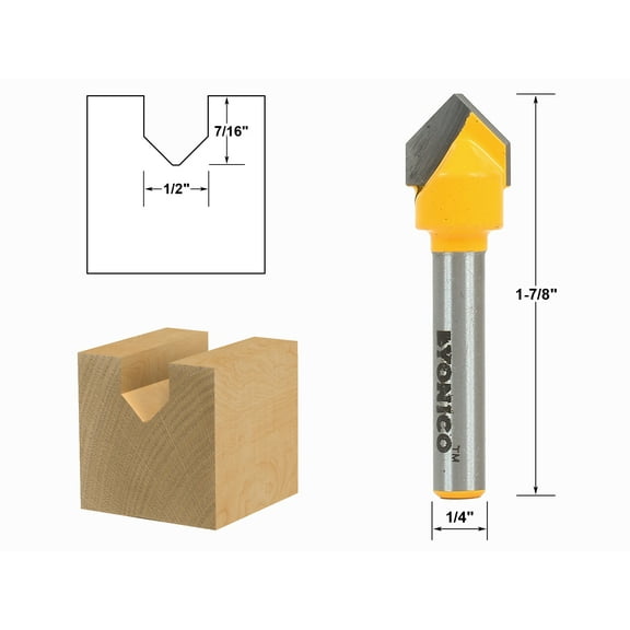 90 Degree X 1/2" Diameter V Groove Flat Bottom Router Bit - 1/4" Shank - Yonico 14988q