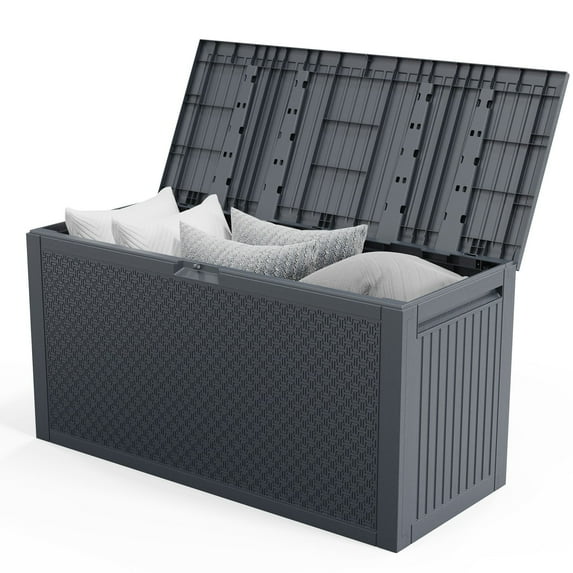 90 Gallon Black Plastic Storage Deck Box with Maze Texture Injection Molded Outdoor Patio Storage Container for Garden Tools Cushions Pool Supplies and Backyard Organization