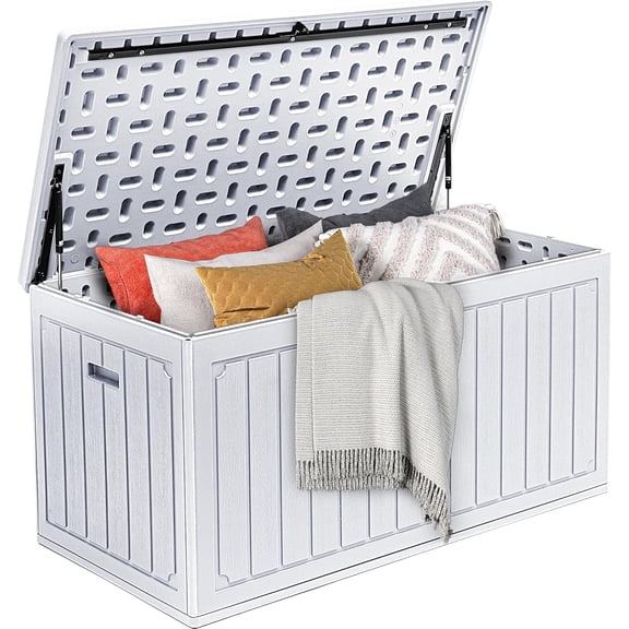 90 Gallon Double-Wall Deck Box, Large Resin Outdoor Storage Box, Lockable & Waterproof, Double as Seating, 450lbs Capacity (Grayish-White)