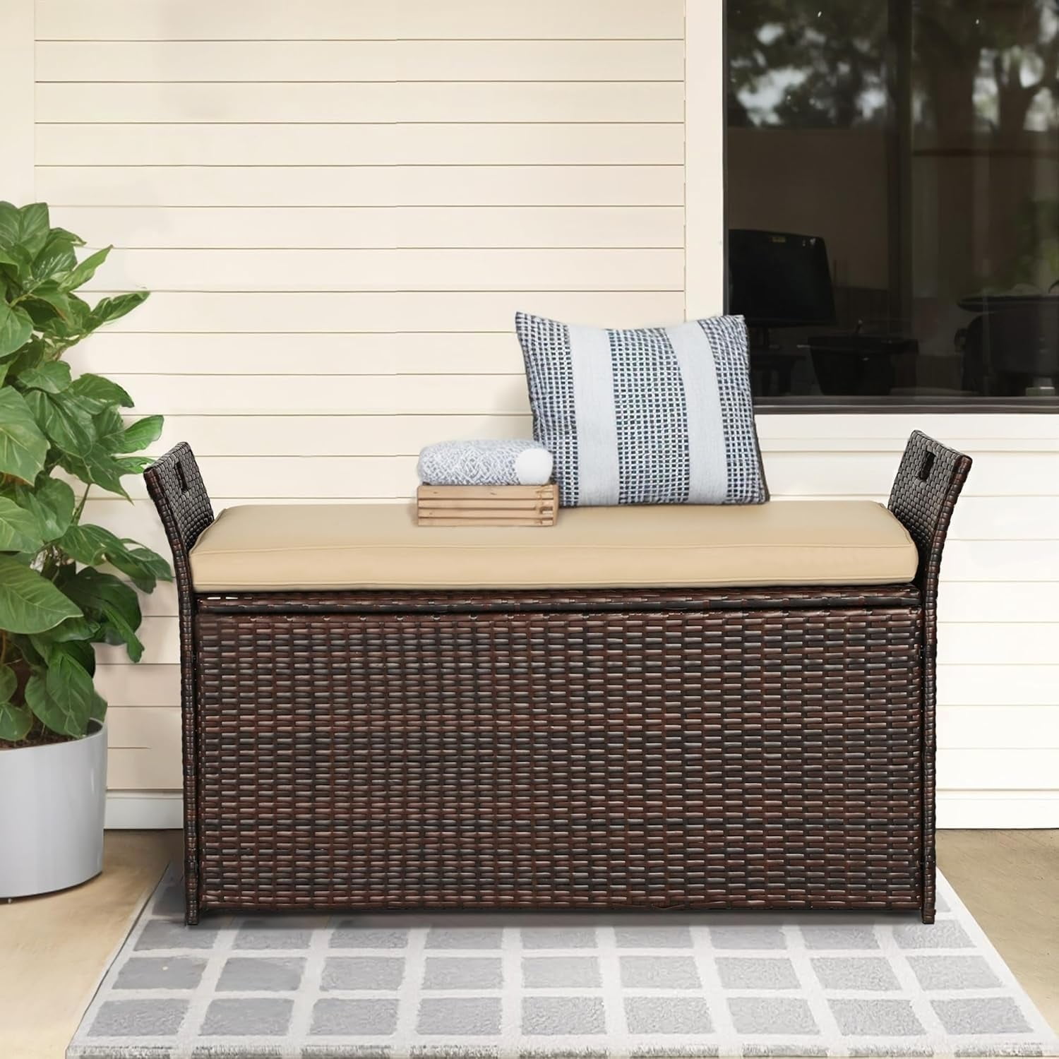 Brown Wicker Outdoor Storage Bench Deck Box with Beige Cushion