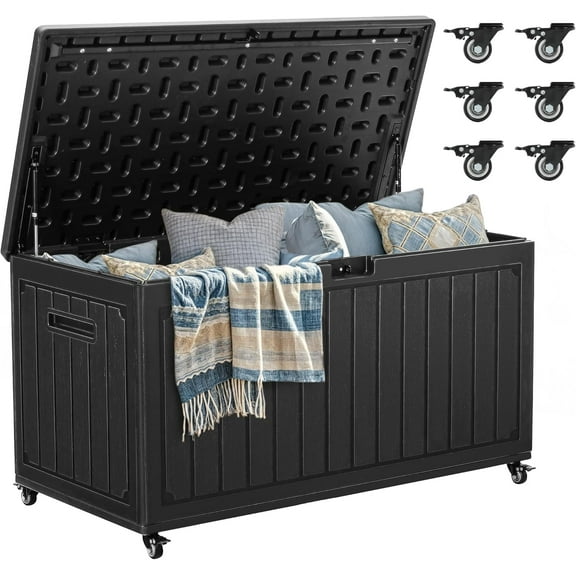 90 Gallon Outdoor Storage Box with 6 Wheels, Large Double-Wall Resin Deck Box, Lockable Waterproof Outside Storage for Patio Furniture, Cushion, Pool Float, Garden Tool, Black