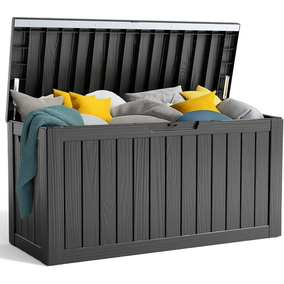 90 Gallon Resin Deck Box, Lockable Patio Outdoor Storage Box for Furniture, Garden Tools and Tools Storage, Waterproof Outside Storage Box - Black
