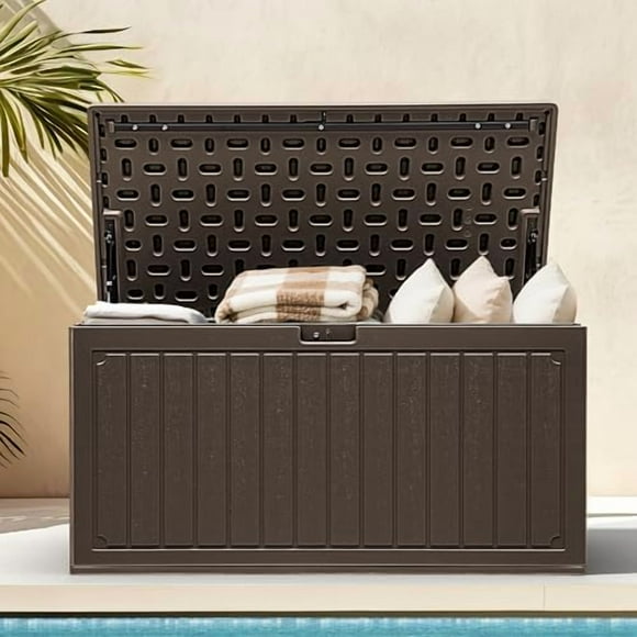 90 Gallon Resin Outdoor Storage Box, XXL Double-Wall Waterproof Deck Box, Doubles as Table or Seating with 450 lbs Capacity, Lockable (Light Brown)